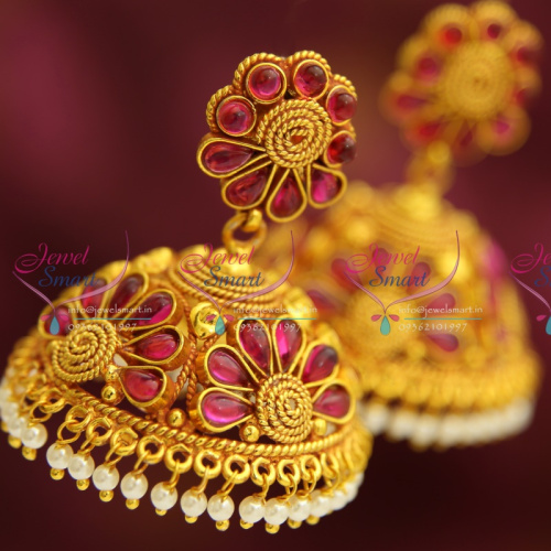 J3196 Kemp Style Traditional South Indian Jewellery Big Broad Jhumka Red Gold Plated