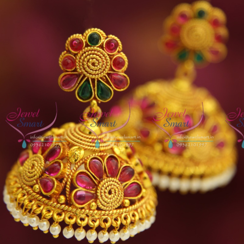 J3197 Kemp Style Traditional South Indian Jewellery Big Broad Jhumka Red Gold Plated