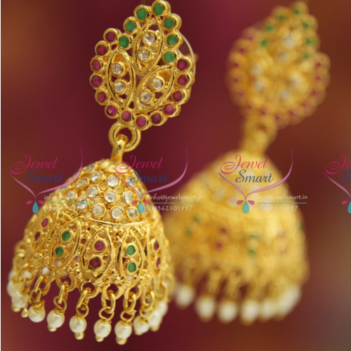 Uncut Diamond Finish Gold Plated Jhumka Ruby Emerald Stones Fashion Jewelry