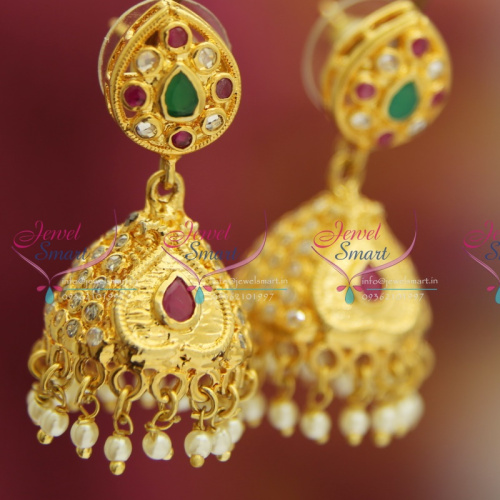 Uncut Diamond Finish Gold Plated Jhumka Ruby Emerald Stones Fashion Jewelry
