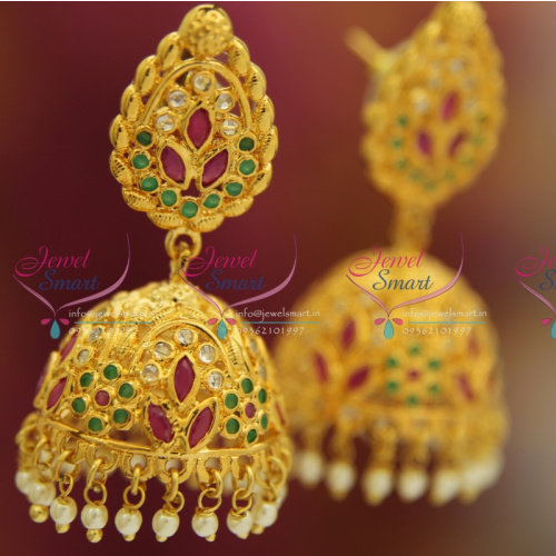 J1182 Uncut Diamond Finish Gold Plated Jhumka Ruby Emerald Stones Fashion Jewelry