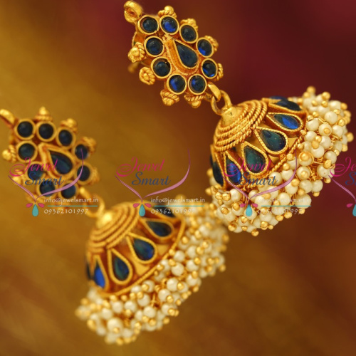 J3311 Synthetic Blue Traditional South Indian Jewellery Big Broad Jhumka Red Gold