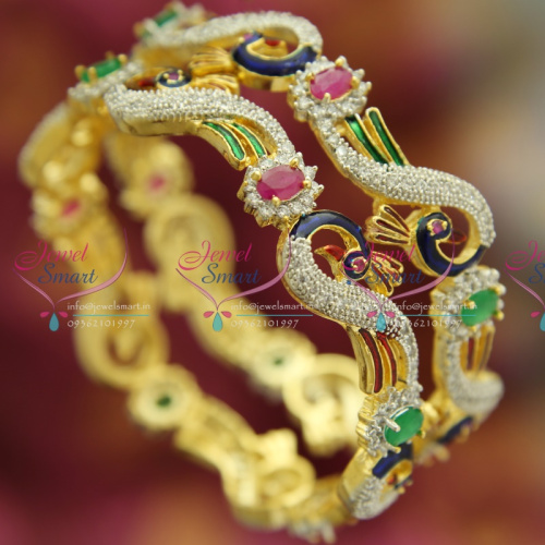 B3315S 2.4 Size Peacock Meenakari Enamel Work Fancy AD Indian Jewellery Bangles Online