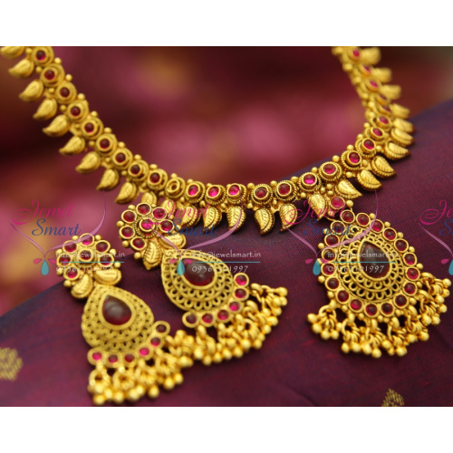 NL3356 Antique Gold Plated Synthetic Kemp Stones Mango Fancy Design Jewellery Earrings Set