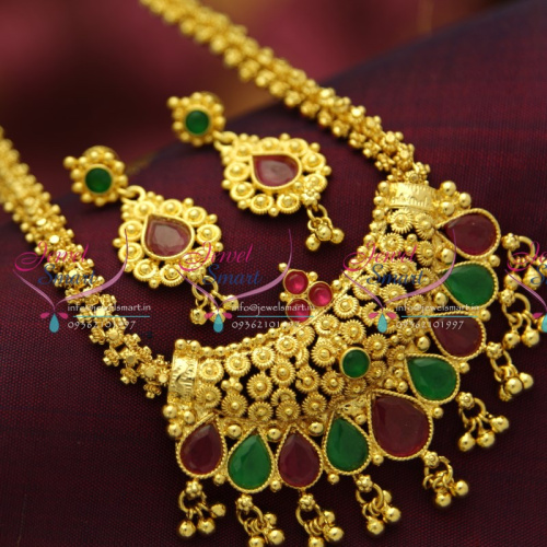 NL3388 Fancy Chain Ruby Emerald Pendant Screw Lock Earrings South Indian Fashion Jewellery Online