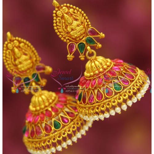 J3427 Temple Laxmi Indian Jewellery God Design Red Gold Plated Multi Stones Broad Big Jhumka Earrings