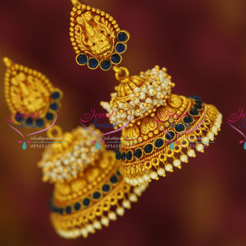 J3429 Temple Laxmi Indian Jewellery God Design Red Gold Plated Blue Stones Broad Big Jhumka Earrings