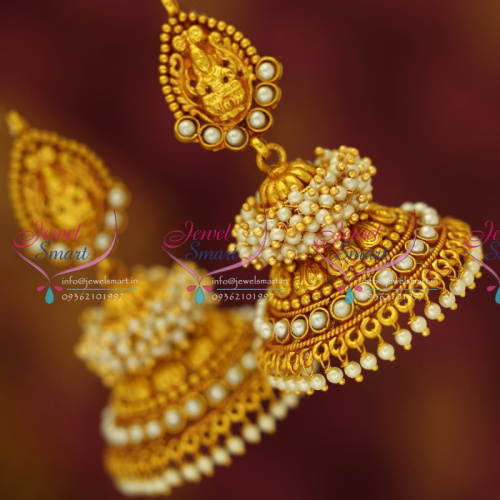 J3430 Temple Laxmi Indian Jewellery God Design Red Gold Plated Pearl Stones Broad Big Jhumka Earrings