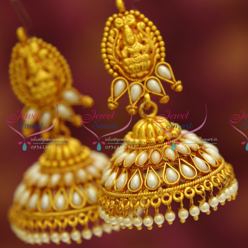 J3431 Temple Laxmi Indian Jewellery God Design Red Gold Plated Pearl Stones Broad Big Jhumka Earrings