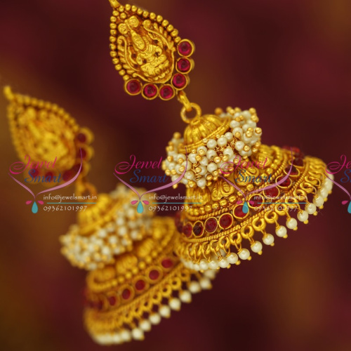 J3432 Temple Laxmi Indian Jewellery God Design Red Gold Plated Kemp Stones Broad Big Jhumka Earrings