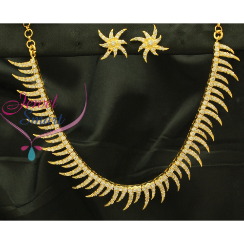Delicate Gold Like Finish CZ Necklace With Ear Rings In Gold Designs