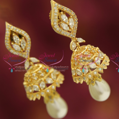 J3434 CZ White Delicate Design Pearl Drops Gold Plated Jhumka Earrings Online