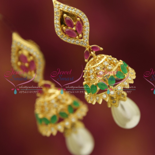J3435 CZ Ruby Emerald Delicate Design Pearl Drops Gold Plated Jhumka Earrings Online