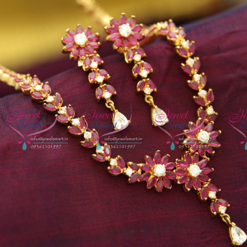 NL0708 Ruby White Floral Design Haram Long Necklace Traditional Gold Design Jewellery