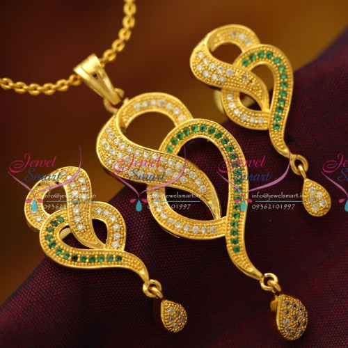 PS0463 Green CZ Floral Gold Plated Pendant Earrings Chain Fashion Jewellery Buy Online