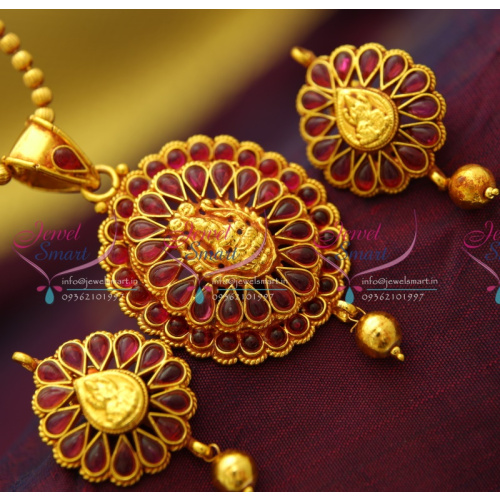 PS3459 Red Gold Plated Kemp Stones South Indian Traditional Temple Nakshi Pendant Set