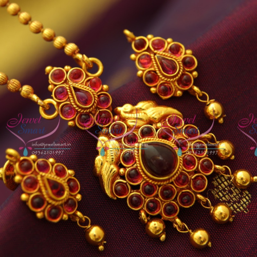PS3463 Red Gold Plated Kemp Stones Peacock Design Pendant Earrings Ball Chain Set