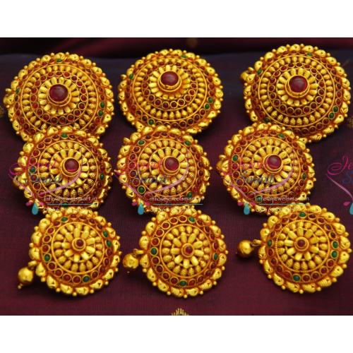 H3073 Temple Jewellery Gheru Red Gold Plated Hair Decoration Hook Type Choti 9 Pcs Set