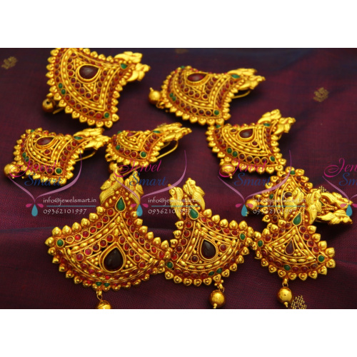 H3476 Temple Jewellery Gheru Red Gold Plated Hair Decoration Hook Type Choti 9 Pcs Set