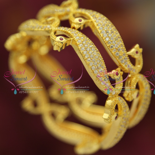 B3480X 2.10 Size Exclusive Peacock Design American Diamond White Bangles Gold Plated
