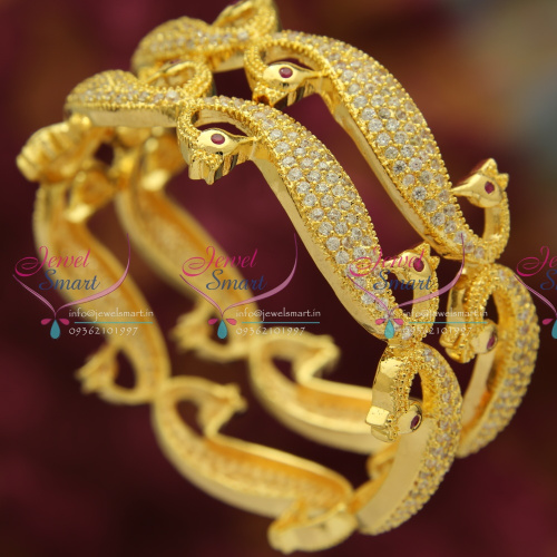 B3480B 2.8 Size Exclusive Peacock Design American Diamond White Bangles Gold Plated