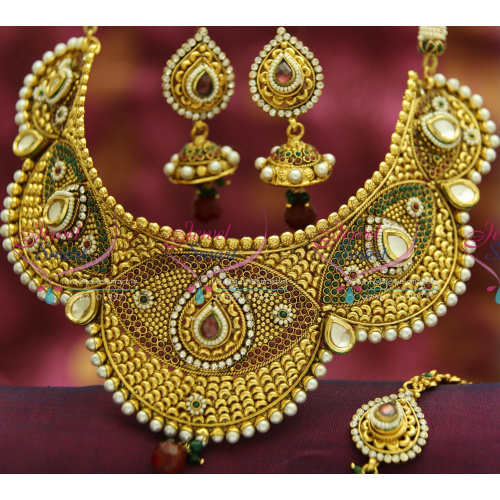 NL3492 Antique Broad Handmade Choker Grand Necklace Wedding Indian Bridal Jewellery Online
