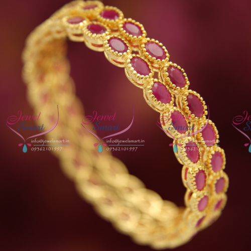 B3546M 2.6 Size Oval Shape Ruby Stone Traditional Bangles Gold Plated Party Wear Online