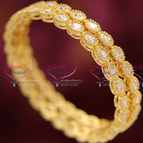 B3552S 2.4 Size Oval Shape White American Diamond Stone Traditional Bangles Gold Plated Party Wear Online
