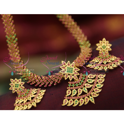 NL3607 Traditional Gold Finish Ruby Emerald Stones Attigai Ethnic Jewellery Necklace Set Online