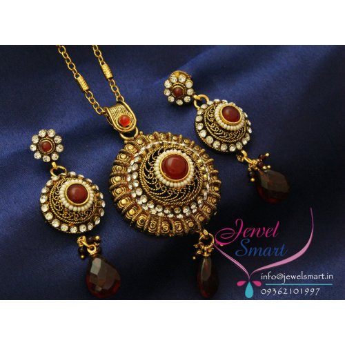 Gold Plated Antique Pendant Set With Ear Rings
