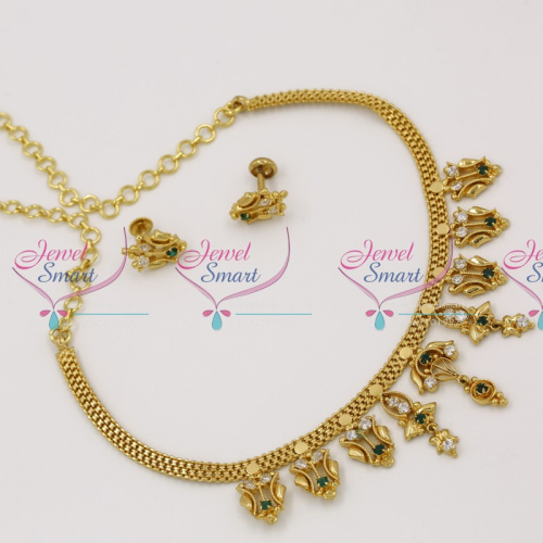 NL3624 Traditional Gold Finish Blue White Stones Attigai Ethnic Jewellery Necklace Set Online