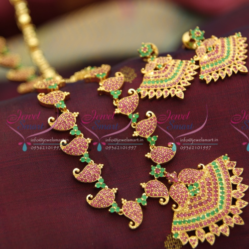 NL3625 South Indian Traditional Ruby Emerald Gold Mango Design Finish Haram Long Necklace Fashion Jewellery