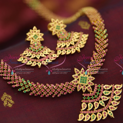 NL3628 Traditional Gold Finish Ruby Emerald Long Attigai Ethnic Jewellery Haram Online