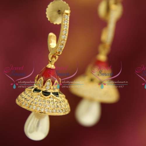 J Type Ruby CZ Pearl Drops Gold Design Plated Finish Delicate Jhumka Online