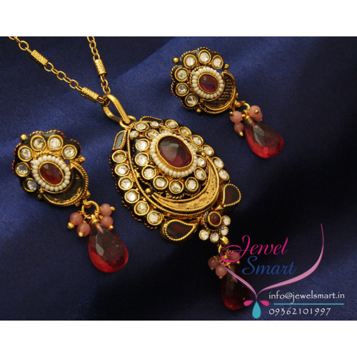 Gold Plated Antique Pendant Set With Ear Rings