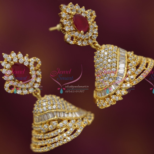 J6251 Gold Plated Real Look Ruby White Diamond Finish Stylish Jhumka Earrings