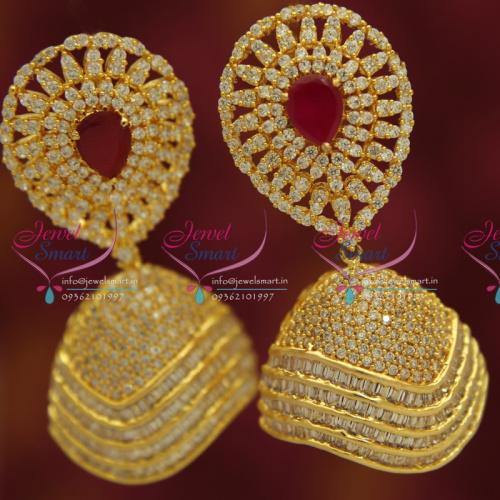J3648 Gold Plated Real Look White Diamond Finish Indian Jhumka Earrings 