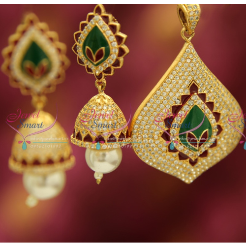 PS3649 CZ Stones Gold Plated Enamel Colour Work Grand Real Look Pendant Jhumka