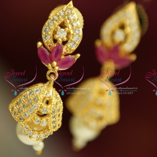 ER3658 Gold Plated Real Look Ruby White Diamond Finish Indian Jhumka Earrings 