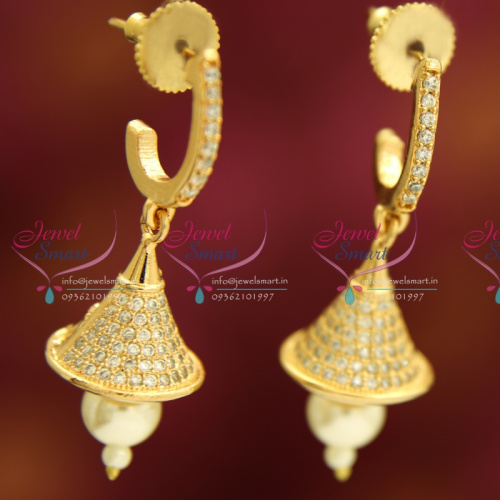 J Type  White CZ Pearl Drops Gold Design Plated Finish Delicate Jhumka Online