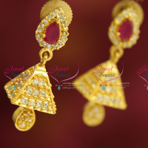 ER3670 Gold Plated Real Look Ruby White Diamond Finish Indian Jhumka Earrings 