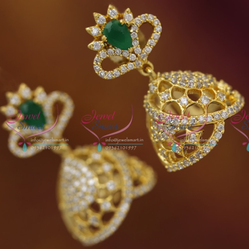 ER3667 Gold Plated Real Look Emerald White Diamond Finish Indian Jhumka Earrings