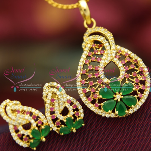 PS3702 Ruby Emerald White CZ Sparkling Gold Plated Fancy Diamond Finish Pendant Earrings