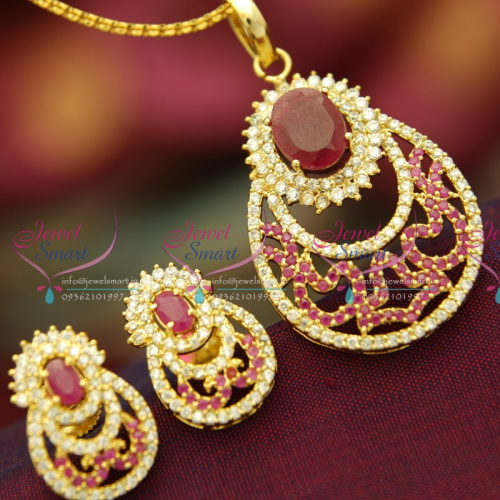 PS3704 Ruby White CZ Sparkling Gold Plated Fancy Diamond Finish Pendant Earrings