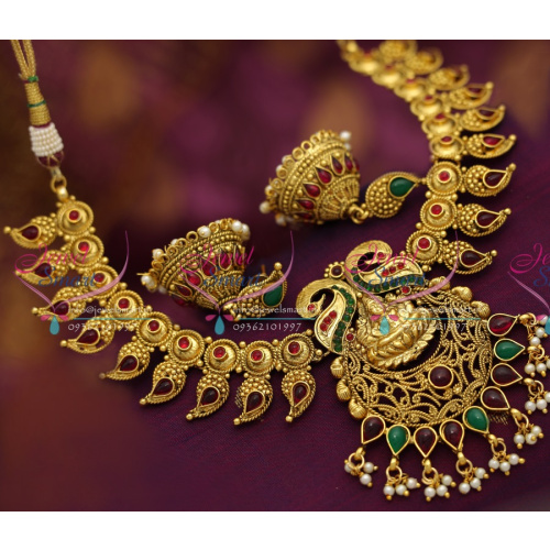 NL3725 Kemp Temple Broad Mango Gold Jewellery Design Traditional Necklace Set