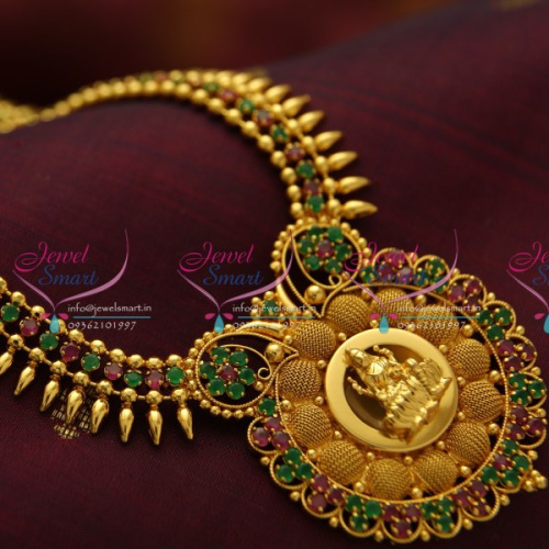 NL3780 Beads Design Ruby Emerald Temple Pendant Gold Plated Haram Long Necklace Fashion Jewellery Online