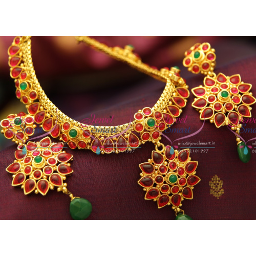 NLK0085 Indian Imitation Fashion Jewelry Temple Kempu Gold Plated Necklace Earrings