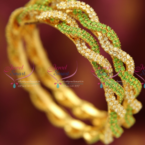 B1236B 2.8 Size 2 Pieces Party Wear Twisted Design Gold Plated Green White Bangles Online