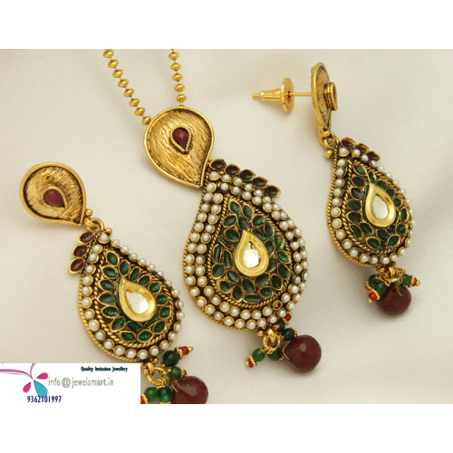 Kundan Pendant Set Ear Rings With Delicate Ball Chains