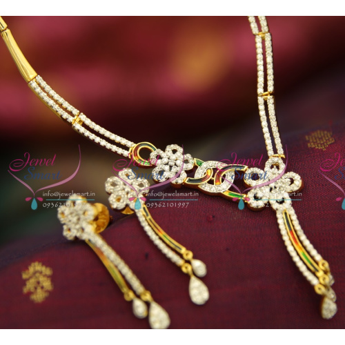 N3953 CZ Stylish White Meena Colour Work Two Tone Gold Silver Plated Diamond Finish Necklace Set Online